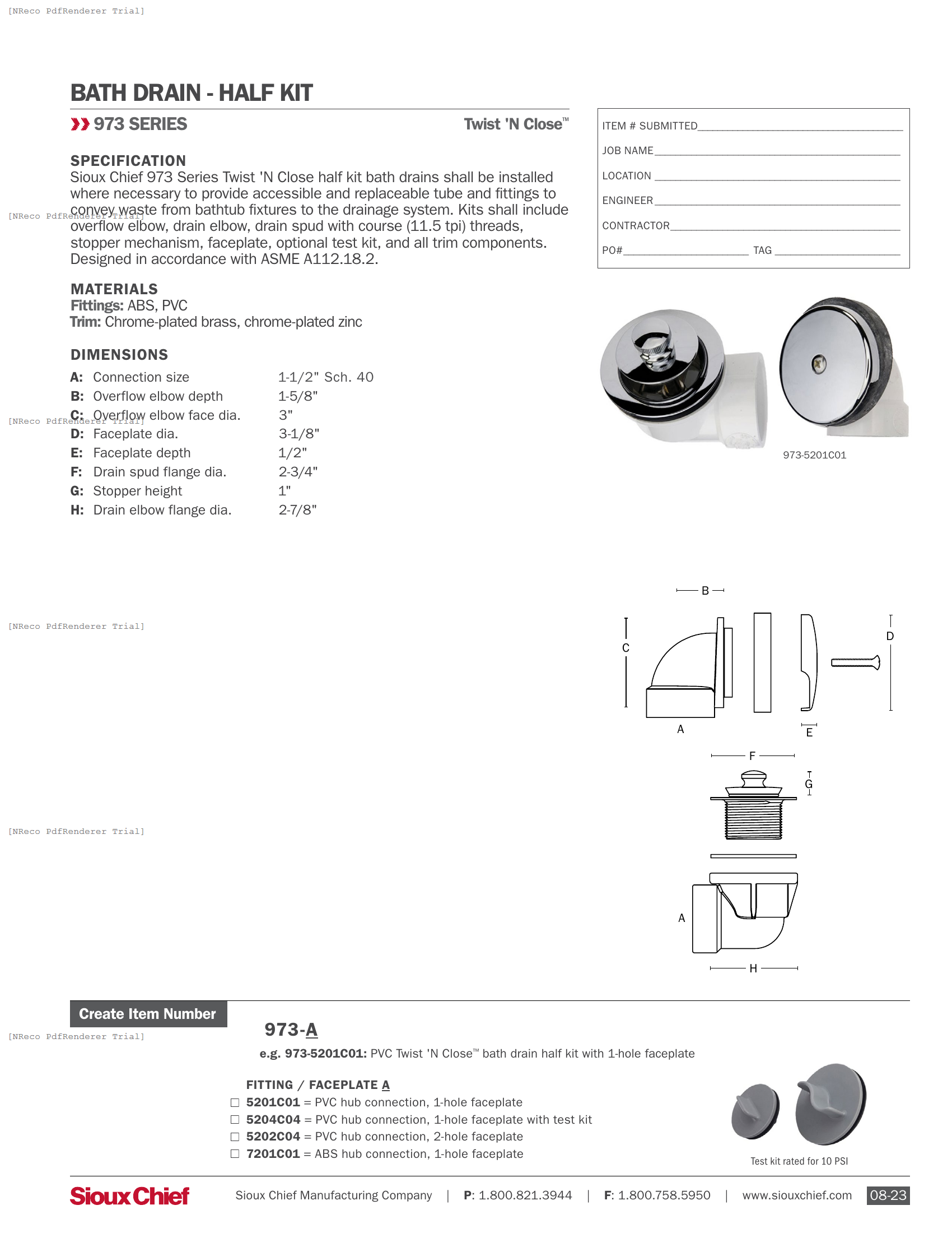 973 SERIES - TWIST N CLOSE BATH DRAIN HALF KIT - SPEC SHEET.PDF Specification Document